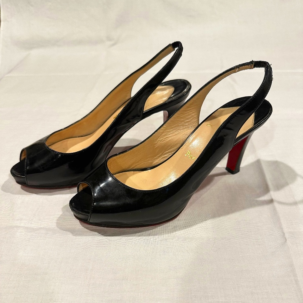 Christian Louboutin peep toe black patent heels